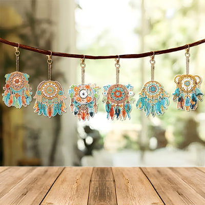 6Pcs Feather Dream Catcher Acrylic Double Side Keychain Diamond Painting