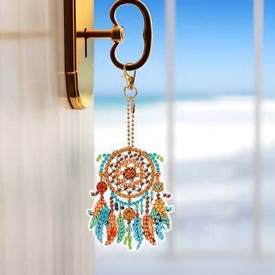 6Pcs Feather Dream Catcher Acrylic Double Side Keychain Diamond Painting