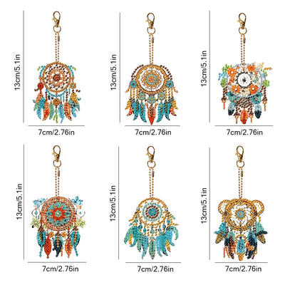 6Pcs Feather Dream Catcher Acrylic Double Side Keychain Diamond Painting