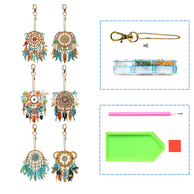 6Pcs Feather Dream Catcher Acrylic Double Side Keychain Diamond Painting