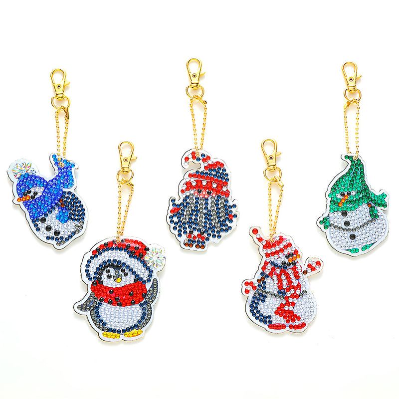 5Pcs Christmas Penguin and Snowman Acrylic Double Side Keychain Diamond Painting