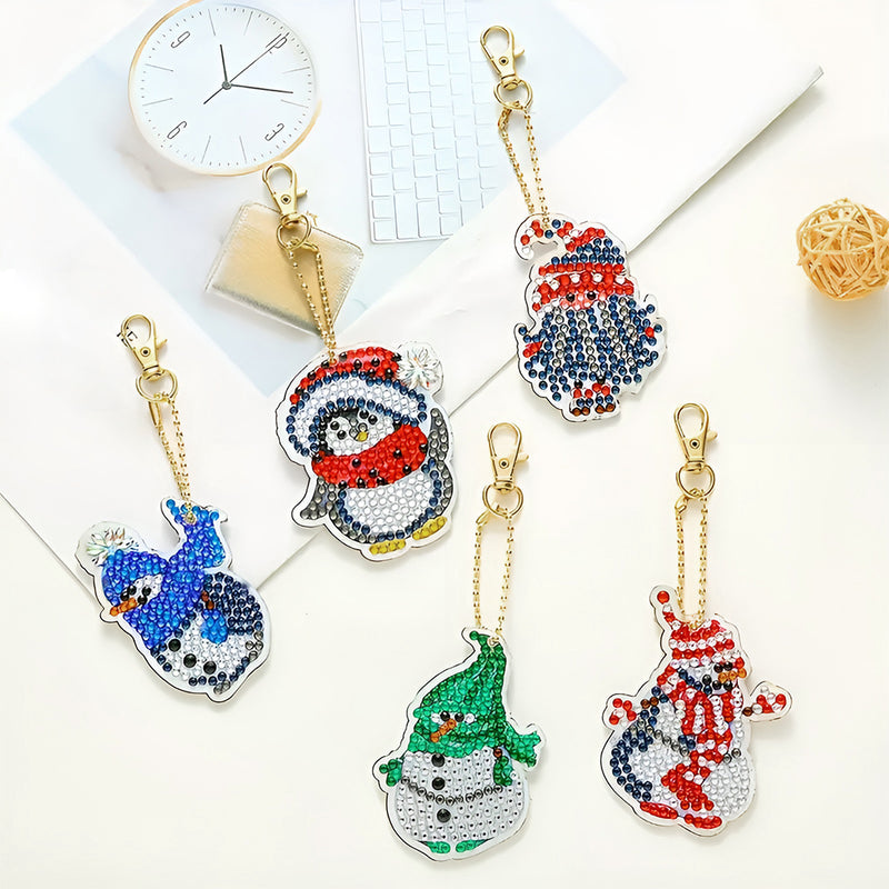 5Pcs Christmas Penguin and Snowman Acrylic Double Side Keychain Diamond Painting