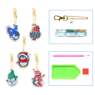 5Pcs Christmas Penguin and Snowman Acrylic Double Side Keychain Diamond Painting