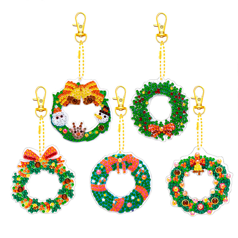 5Pcs Christmas Wreath Acrylic Double Side Keychain Diamond Painting