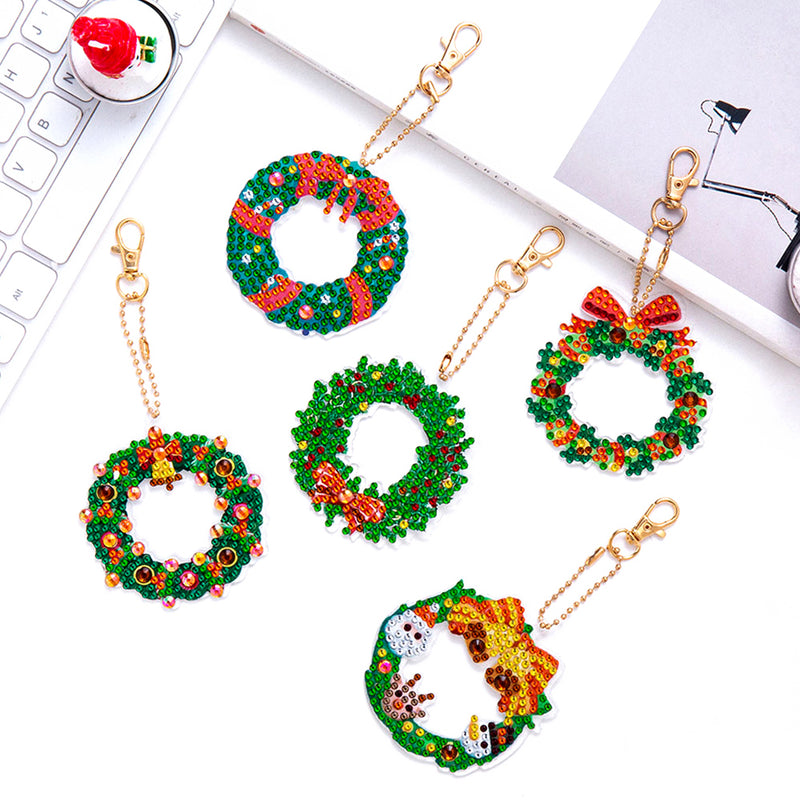 5Pcs Christmas Wreath Acrylic Double Side Keychain Diamond Painting