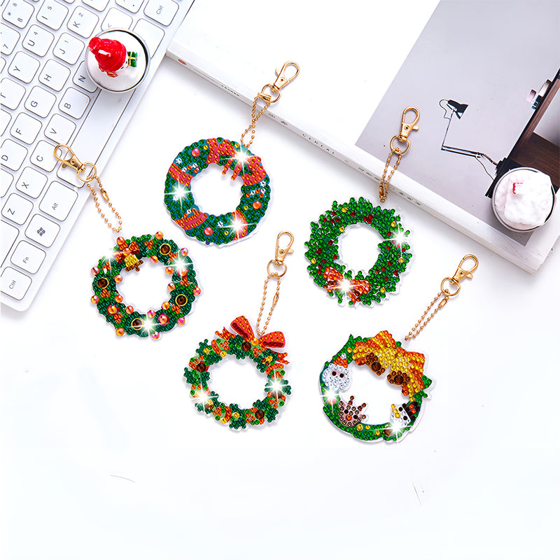 5Pcs Christmas Wreath Acrylic Double Side Keychain Diamond Painting