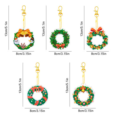 5Pcs Christmas Wreath Acrylic Double Side Keychain Diamond Painting