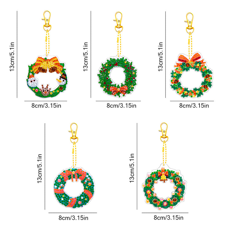 5Pcs Christmas Wreath Acrylic Double Side Keychain Diamond Painting