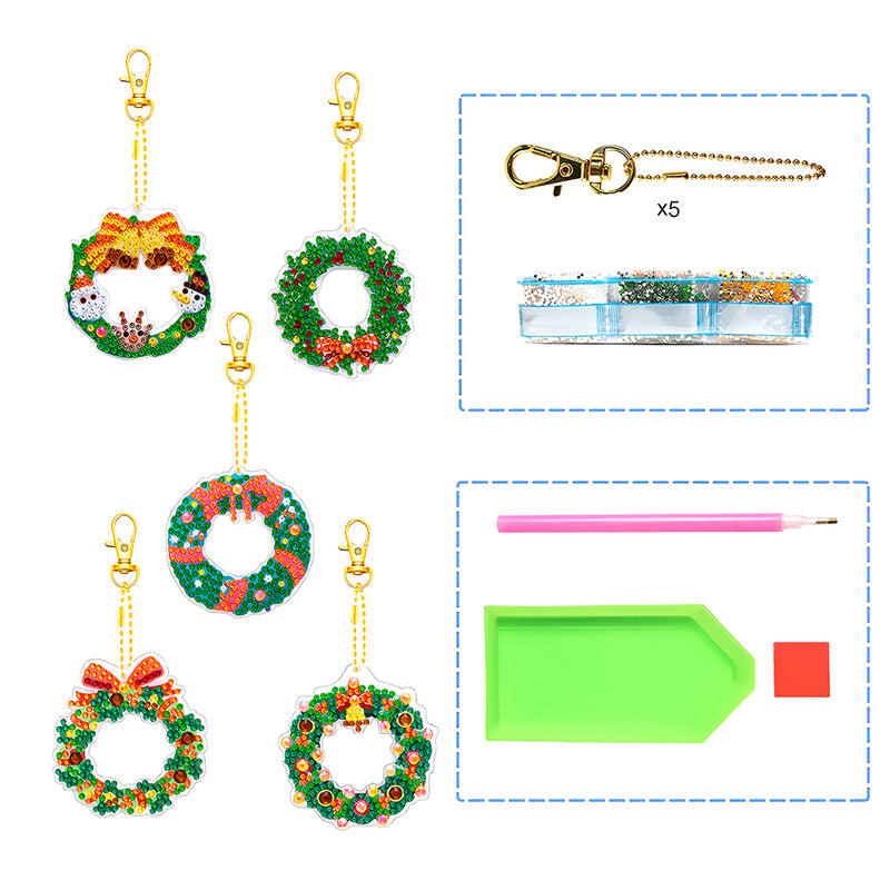 5Pcs Christmas Wreath Acrylic Double Side Keychain Diamond Painting