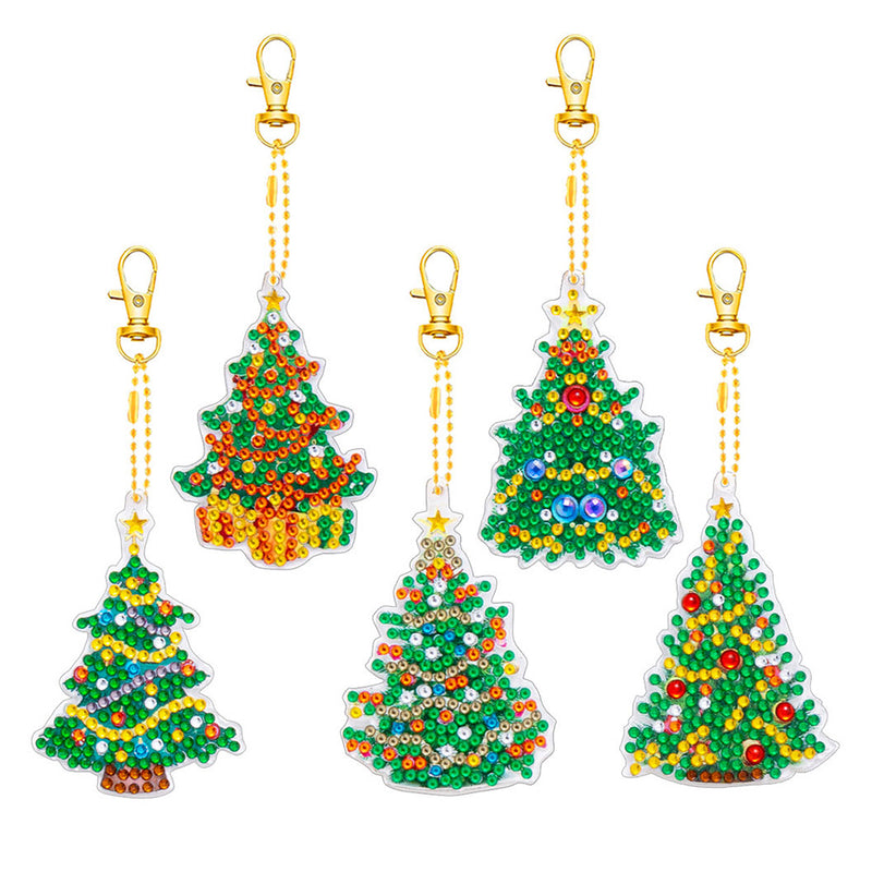 5Pcs Christmas Tree Acrylic Double Side Keychain Diamond Painting