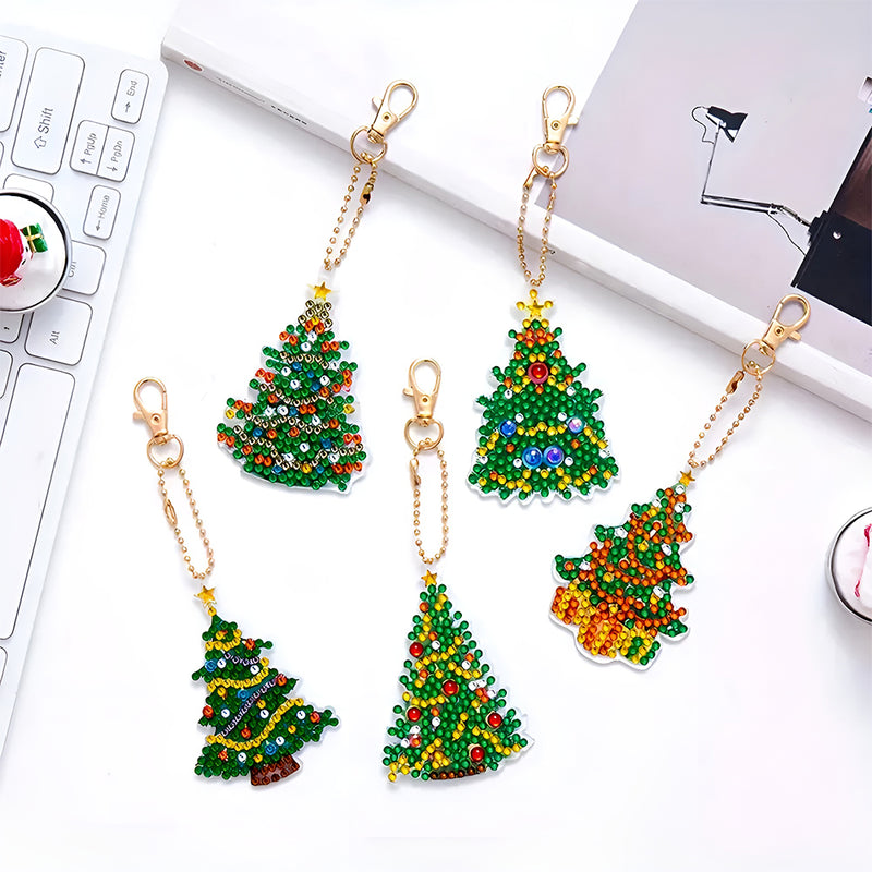 5Pcs Christmas Tree Acrylic Double Side Keychain Diamond Painting