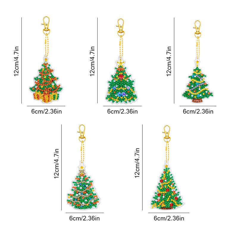 5Pcs Christmas Tree Acrylic Double Side Keychain Diamond Painting