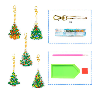 5Pcs Christmas Tree Acrylic Double Side Keychain Diamond Painting