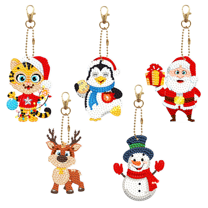 5Pcs Christmas Animals Acrylic Double Side Keychain Diamond Painting