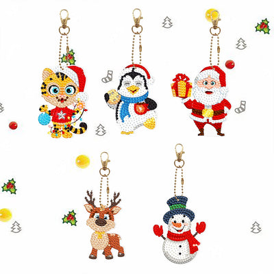 5Pcs Christmas Animals Acrylic Double Side Keychain Diamond Painting