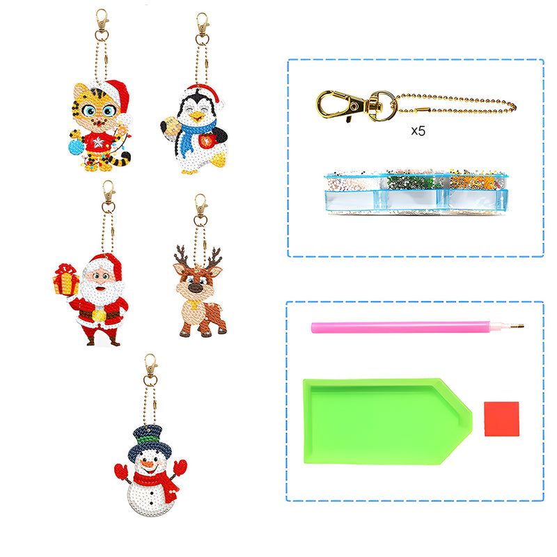 5Pcs Christmas Animals Acrylic Double Side Keychain Diamond Painting