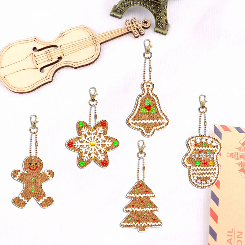 5Pcs Christmas Cookies Acrylic Double Side Keychain Diamond Painting