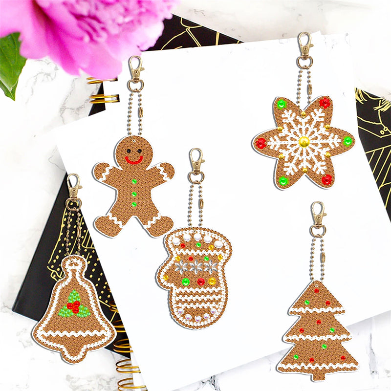 5Pcs Christmas Cookies Acrylic Double Side Keychain Diamond Painting