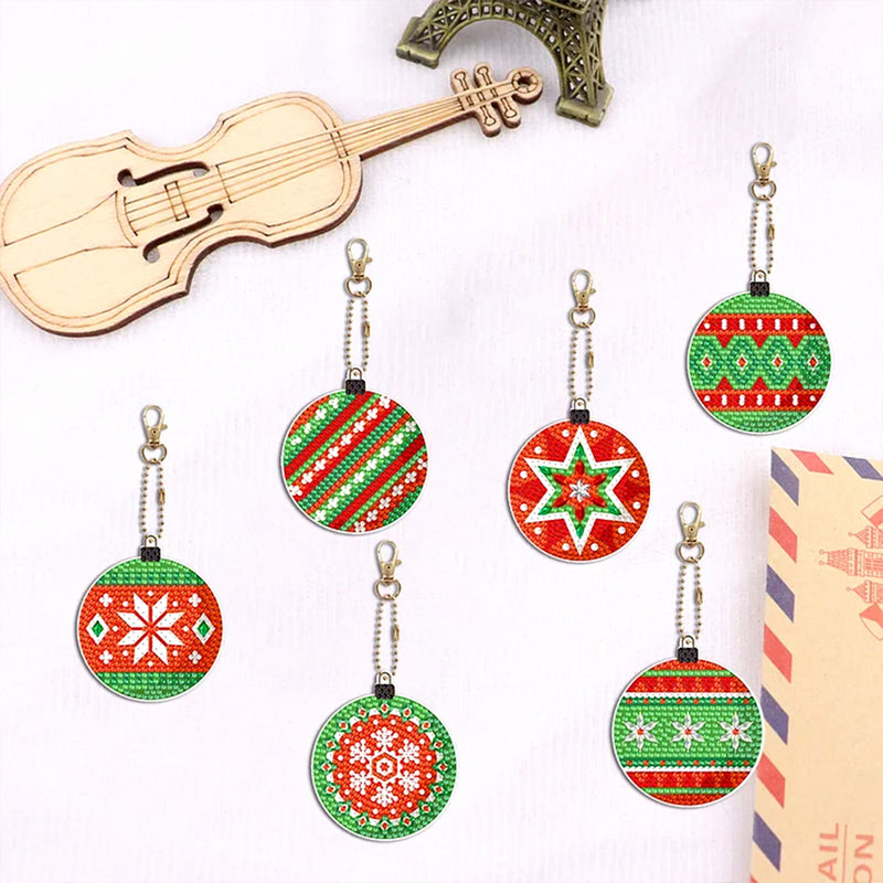 6Pcs Christmas Balls Acrylic Double Side Keychain Diamond Painting