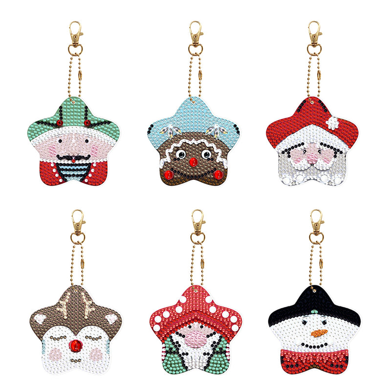 6Pcs Cute Christmas Stars Acrylic Double Side Keychain Diamond Painting