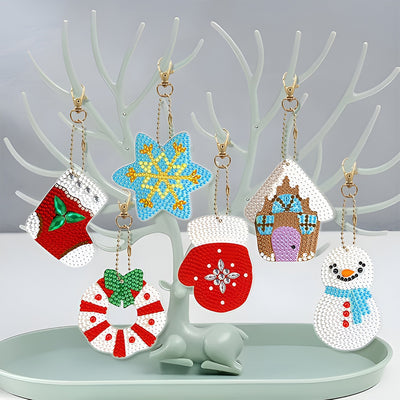 6Pcs Christmas Atmosphere Acrylic Double Side Keychain Diamond Painting