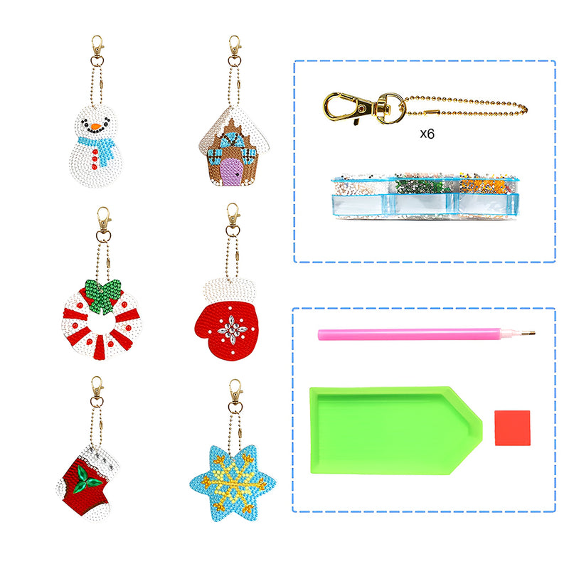 6Pcs Christmas Atmosphere Acrylic Double Side Keychain Diamond Painting