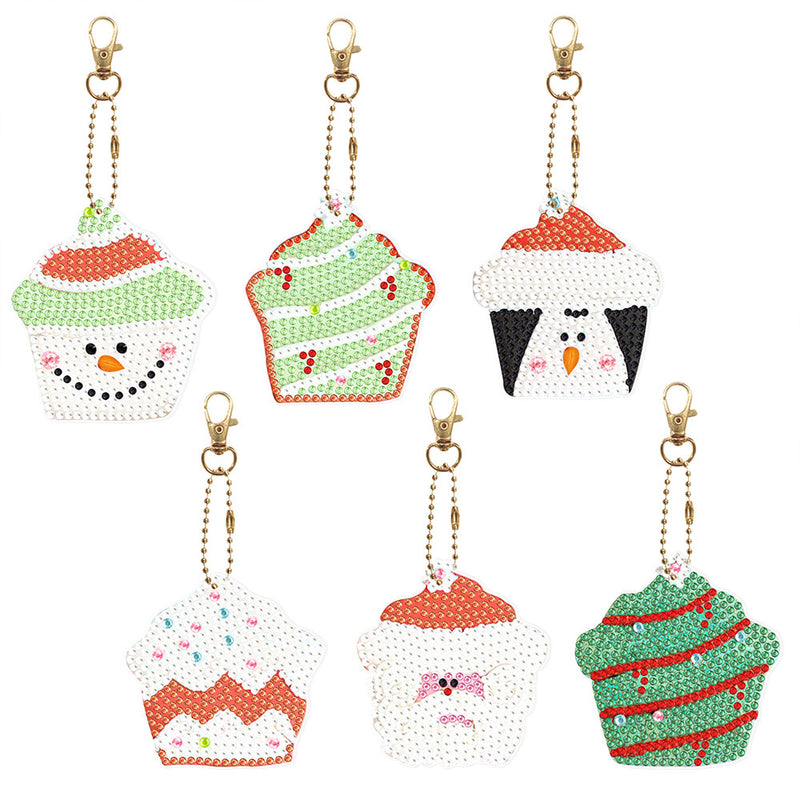 6Pcs Christmas Cupcakes Acrylic Double Side Keychain Diamond Painting