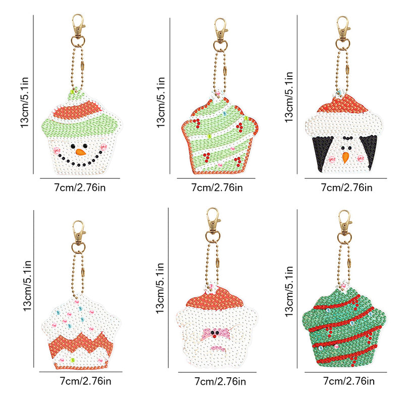 6Pcs Christmas Cupcakes Acrylic Double Side Keychain Diamond Painting