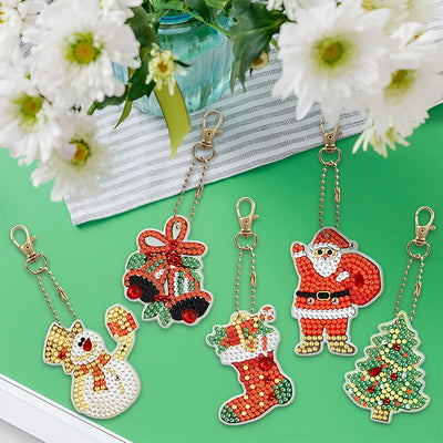 5Pcs Christmas Gifts Acrylic Double Side Keychain Diamond Painting