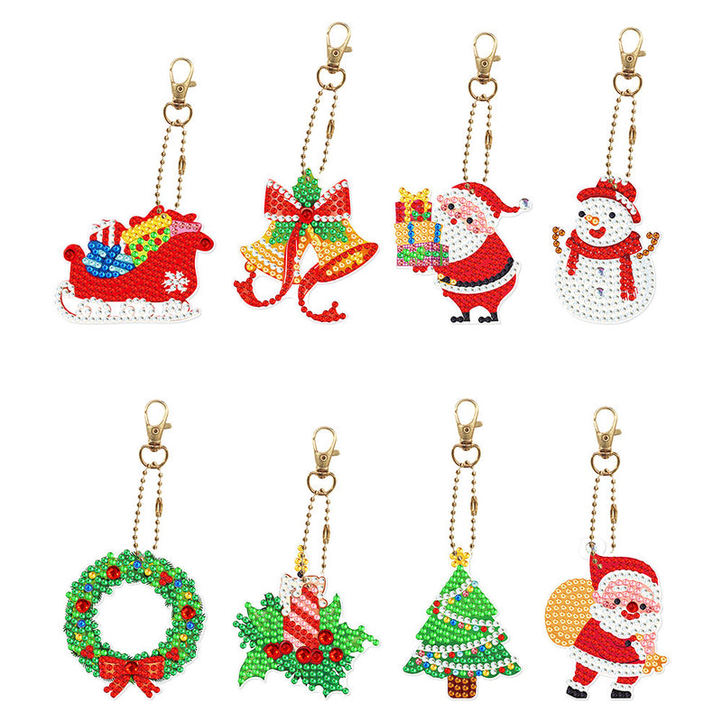 8Pcs Christmas Pendant Acrylic Double Side Keychain Diamond Painting