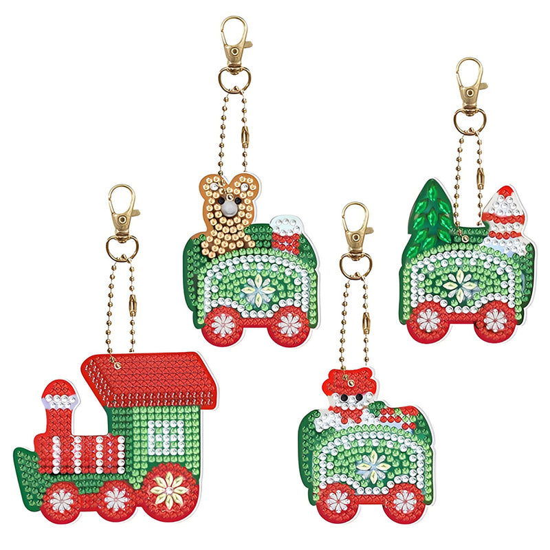 4Pcs Christmas Train Acrylic Double Side Keychain Diamond Painting