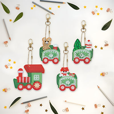 4Pcs Christmas Train Acrylic Double Side Keychain Diamond Painting