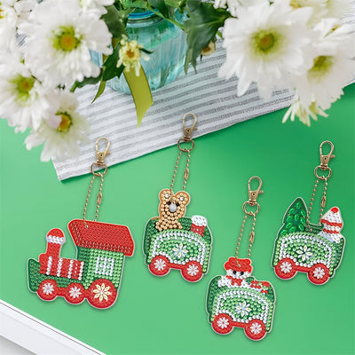 4Pcs Christmas Train Acrylic Double Side Keychain Diamond Painting