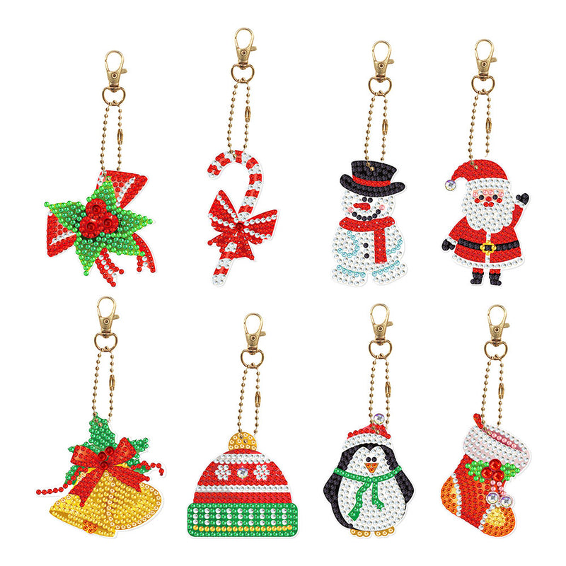 8Pcs Christmas Pendant Acrylic Double Side Keychain Diamond Painting