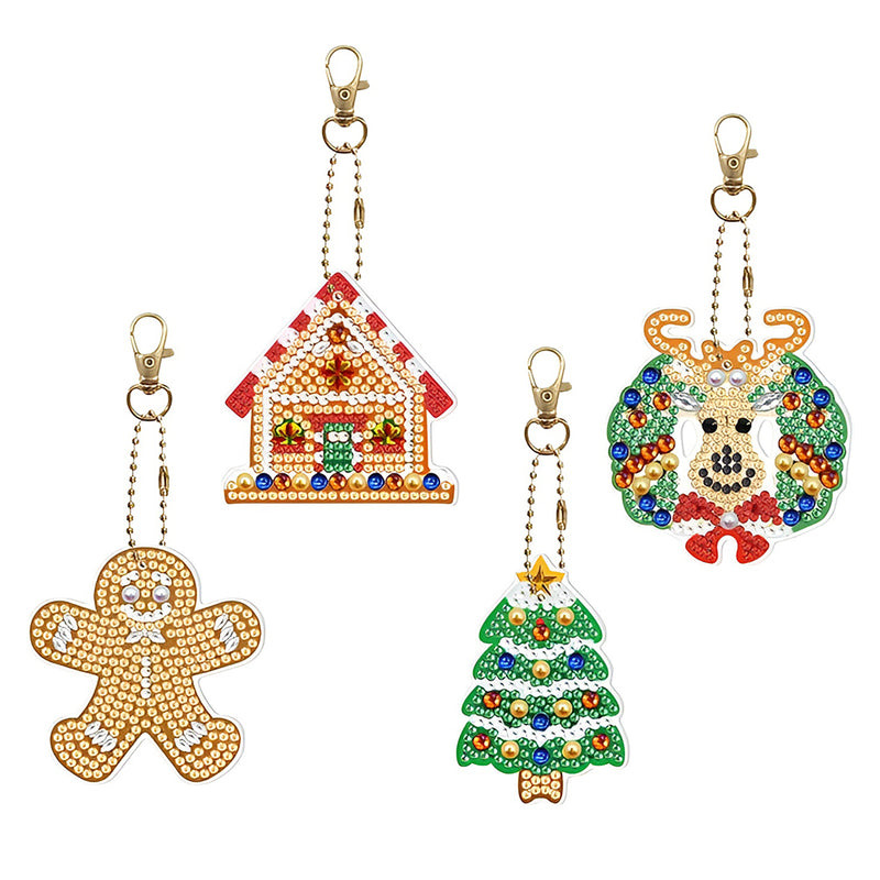 4Pcs Christmas Decoration Acrylic Double Side Keychain Diamond Painting