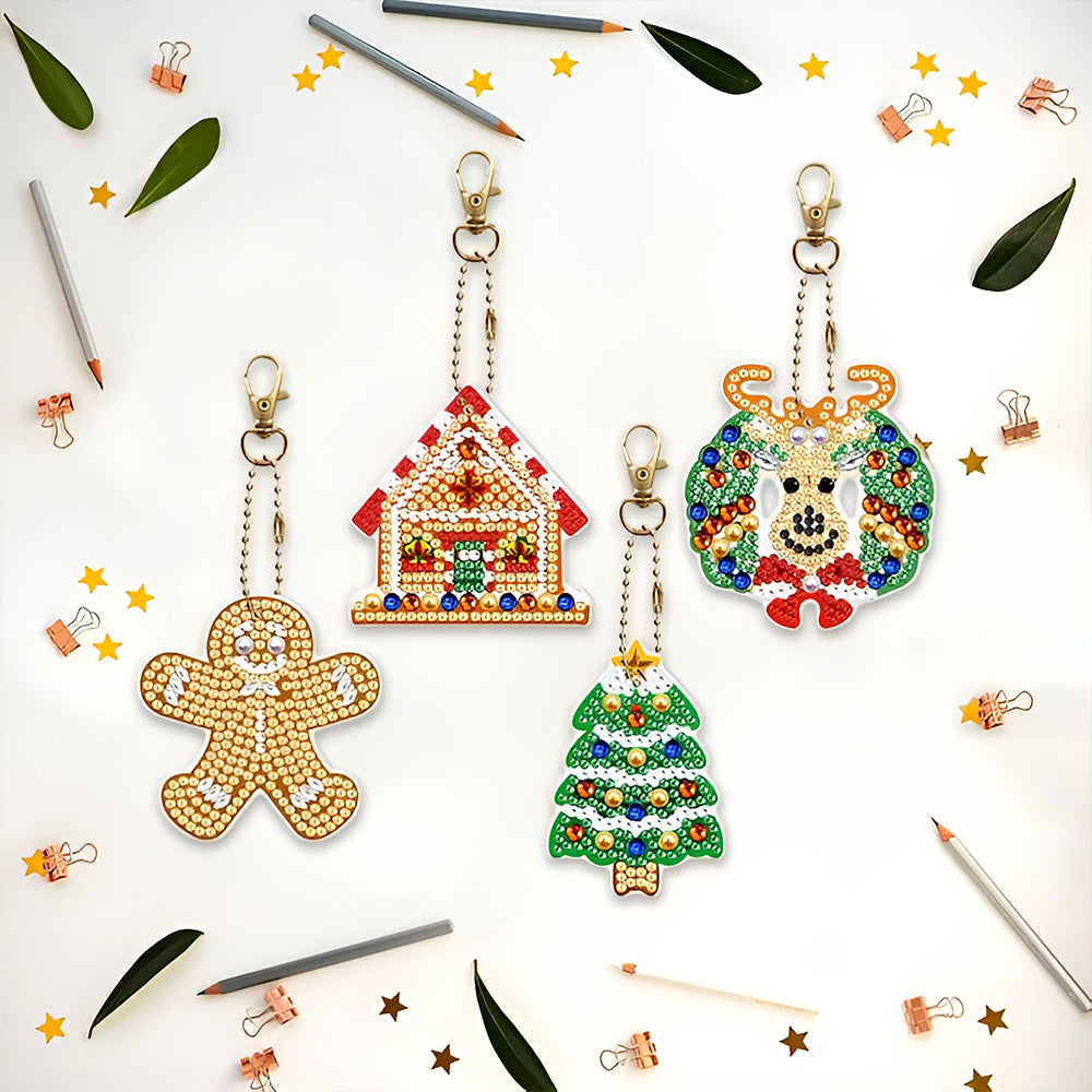 4Pcs Christmas Decoration Acrylic Double Side Keychain Diamond Painting