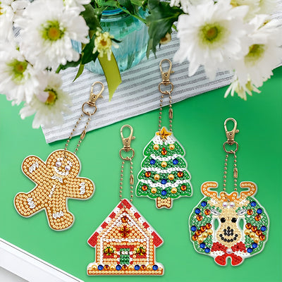 4Pcs Christmas Decoration Acrylic Double Side Keychain Diamond Painting