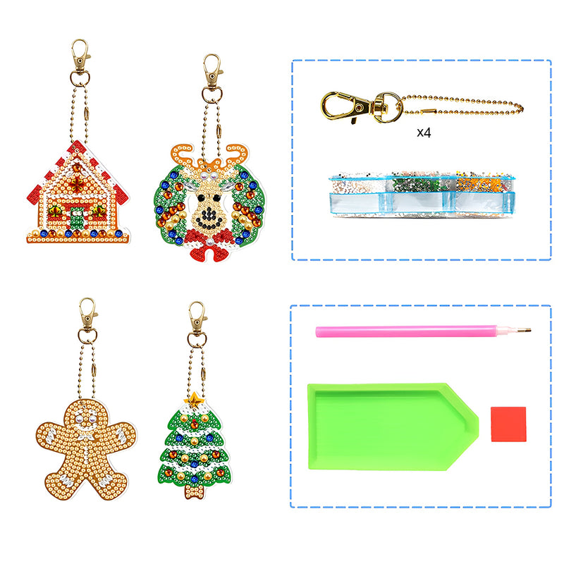 4Pcs Christmas Decoration Acrylic Double Side Keychain Diamond Painting