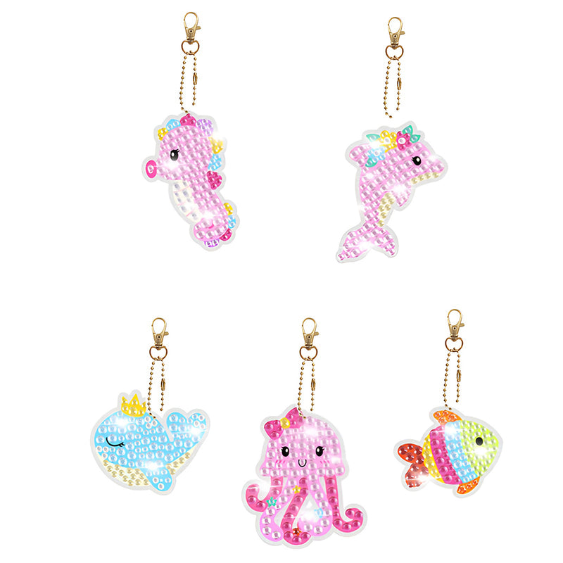 5Pcs Pink Sea Animals Acrylic One Side Keychain Diamond Painting