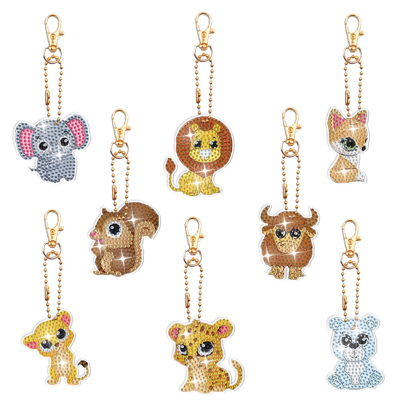 8Pcs Cute Animals Acrylic Double Side Keychain Diamond Painting