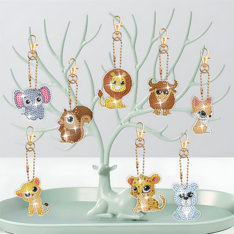 8Pcs Cute Animals Acrylic Double Side Keychain Diamond Painting