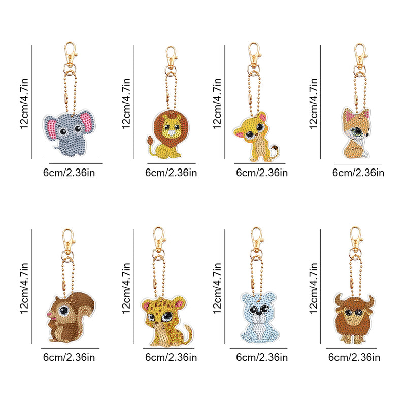 8Pcs Cute Animals Acrylic Double Side Keychain Diamond Painting