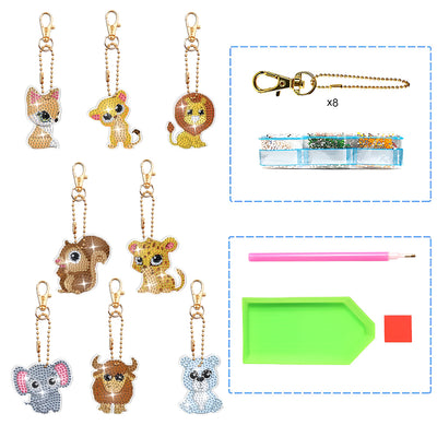 8Pcs Cute Animals Acrylic Double Side Keychain Diamond Painting