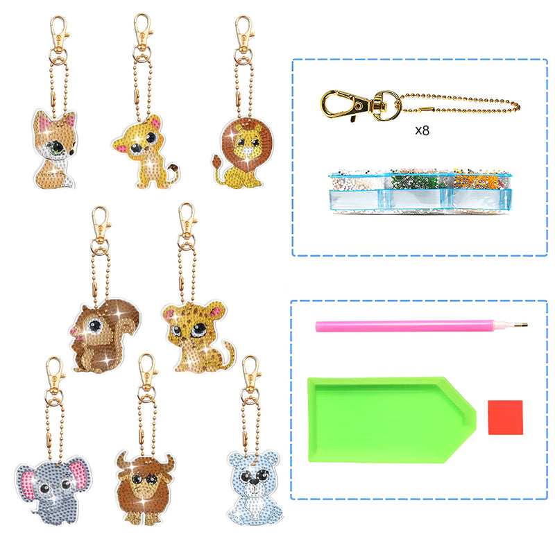 8Pcs Cute Animals Acrylic Double Side Keychain Diamond Painting