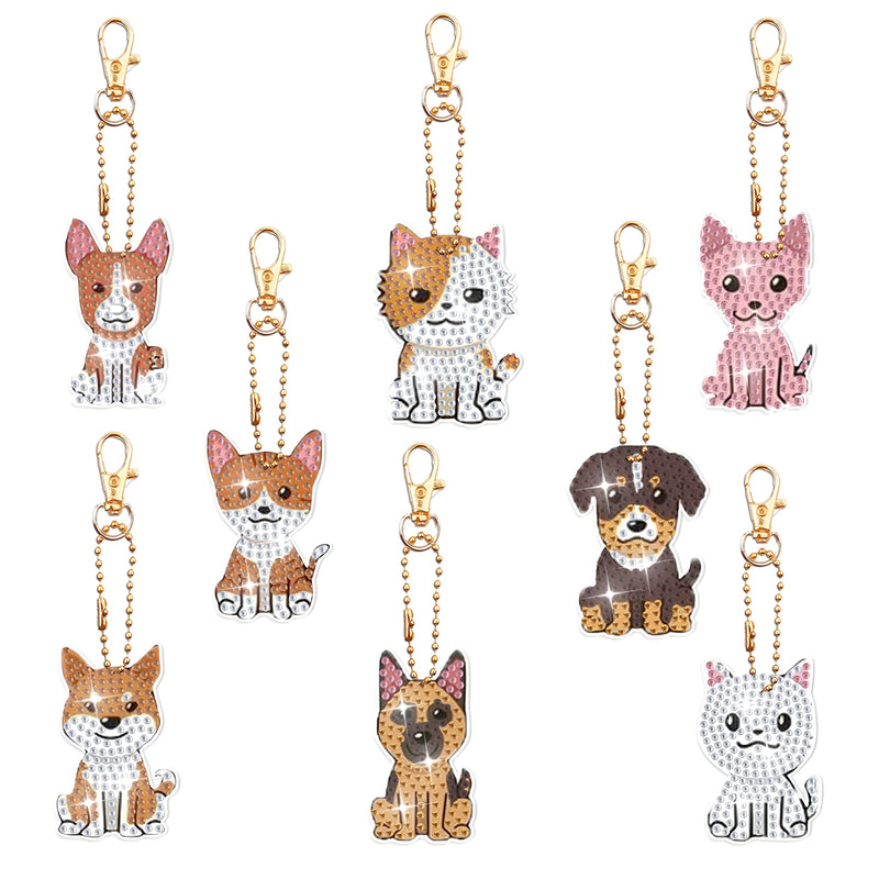 8Pcs Cute Dog and Cat Acrylic Double Side Keychain Diamond Painting