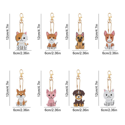 8Pcs Cute Dog and Cat Acrylic Double Side Keychain Diamond Painting