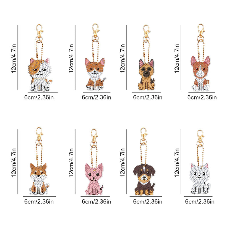 8Pcs Cute Dog and Cat Acrylic Double Side Keychain Diamond Painting