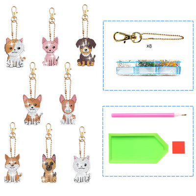 8Pcs Cute Dog and Cat Acrylic Double Side Keychain Diamond Painting