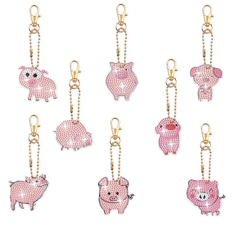 8Pcs Pink Pigs Acrylic Double Side Keychain Diamond Painting