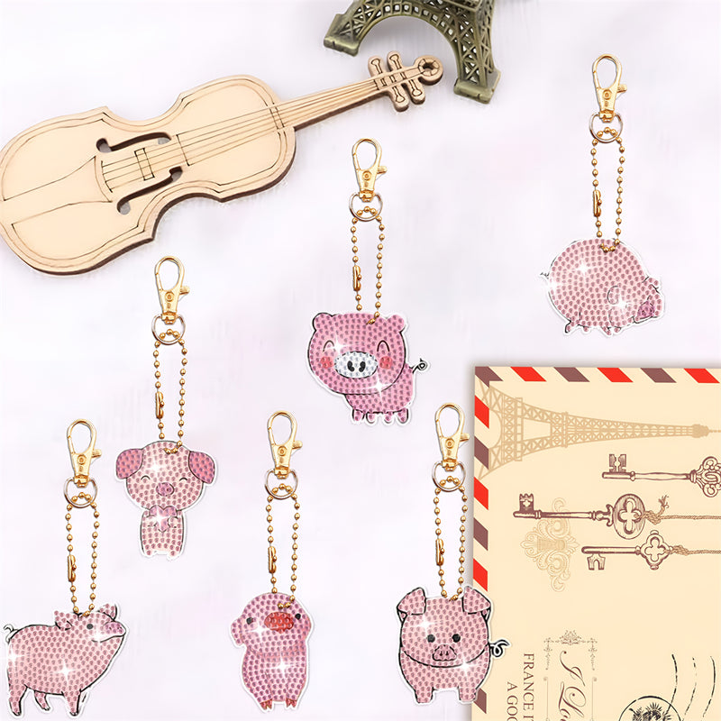 8Pcs Pink Pigs Acrylic Double Side Keychain Diamond Painting